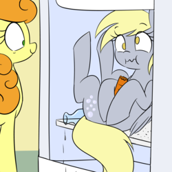 Size: 1280x1280 | Tagged: safe, artist:acersiii, carrot top, derpy hooves, golden harvest, pegasus, pony, g4, female, i emptied your fridge, mare, misleading thumbnail, pony in fridge, refrigerator
