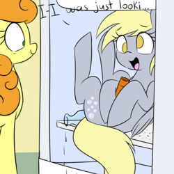 Size: 1280x1280 | Tagged: safe, artist:acersiii, carrot top, derpy hooves, golden harvest, pegasus, pony, g4, female, i emptied your fridge, mare, misleading thumbnail, pony in fridge, refrigerator
