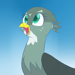Size: 1280x1280 | Tagged: safe, artist:acersiii, gabby, griffon, g4, the fault in our cutie marks, beak, birb, blue background, bust, cute, eyelashes, featured image, female, gabbybetes, happy, open mouth, open smile, portrait, simple background, smiling, solo, wings