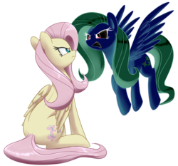 Size: 1280x1192 | Tagged: safe, artist:acersiii, fluttershy, g4, confrontation, discorded, duality, duo, eye contact, flutterbitch, folded wings, looking at each other, opposite fluttershy, simple background, transparent background