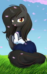 Size: 1229x1920 | Tagged: safe, artist:acersiii, oc, oc only, oc:luminous siren, pony, unicorn, cherry blossoms, clothes, female, mare, open mouth, school uniform, solo