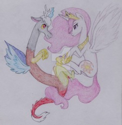 Size: 1024x1055 | Tagged: safe, artist:marta4708, discord, princess celestia, g4, male, pink-mane celestia, ship:dislestia, shipping, straight, traditional art, younger