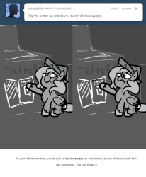 Size: 666x809 | Tagged: safe, artist:egophiliac, princess luna, oc, oc:jeffery, moonstuck, g4, animated, cartographer's cap, female, filly, gif, grayscale, hat, monochrome, off, on, solo, switch, tumblr, woona, woonoggles, you dun goofed, younger