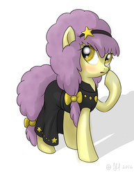 Size: 2185x2837 | Tagged: safe, artist:jh, earth pony, pony, blushing, bow, clothes, dress, female, hair bow, headband, high res, maple town story: palm town chapter, mare, ponified, raised hoof, simple background, solo, sue, tail bow, white background
