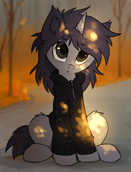 Size: 525x690 | Tagged: dead source, safe, artist:hioshiru, oc, oc only, oc:kate, pony, autumn, clothes, cute, fluffy, frown, head tilt, looking at you, pouting, sitting, solo