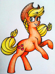 Size: 800x1074 | Tagged: safe, artist:mati0la, applejack, g4, female, rearing, simple background, smiling, solo, standing, traditional art, white background
