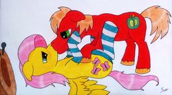 Size: 2241x1233 | Tagged: safe, artist:saxpony, big macintosh, fluttershy, earth pony, pony, g4, blushing, clothes, kiss on the lips, kissing, male, on back, ship:fluttermac, shipping, socks, stallion, straight, striped socks, traditional art