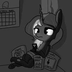 Size: 1280x1280 | Tagged: safe, artist:tjpones edits, edit, editor:dsp2003, oc, oc only, oc:chips, changeling, changeling queen, changeling queen oc, chips, female, food, monochrome, phone, smartphone, soylent green