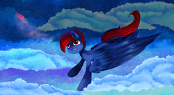 Size: 2657x1452 | Tagged: dead source, safe, artist:lunaritass, oc, oc only, pegasus, pony, cloud, feather, flying, solo