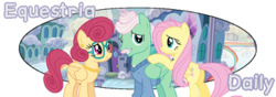 Size: 400x140 | Tagged: safe, fluttershy, gentle breeze, posey shy, pegasus, pony, equestria daily, g4, clothes, facial hair, glasses, moustache, show accurate, simple background, smiling, text, transparent background