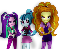 Size: 850x704 | Tagged: safe, artist:theodrawsforyou, adagio dazzle, aria blaze, sonata dusk, equestria girls, g4, bracelet, clothes, fingerless gloves, gloves, group, hand on hip, jewelry, looking at you, necklace, pants, pendant, pigtails, ponytail, skirt, spiked wristband, the dazzlings, trio, twintails