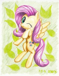 Size: 1024x1312 | Tagged: safe, artist:michiito, fluttershy, pegasus, pony, g4, cute, female, one eye closed, shyabetes, solo, wink
