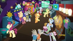 Size: 1920x1080 | Tagged: safe, screencap, applejack, frying pan (g4), home stretch, lock heart, opulence, pacifica, saturn (g4), silver waves, earth pony, pegasus, pony, unicorn, g4, viva las pegasus, arcade, background character, background pony, butt, casino, clothes, cranberry muffin, las pegasus resident, mossy rock, plot, waifu machine