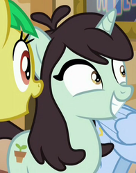 Size: 722x921 | Tagged: safe, screencap, sprout greenhoof, wintergreen, pony, unicorn, g4, season 6, viva las pegasus, background pony, character named in the comments, cropped, female, grin, las pegasus resident, mare, name suggestion in the comments, smiling, solo focus