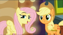 Size: 1200x675 | Tagged: safe, screencap, applejack, fluttershy, pony, g4, viva las pegasus, discovery family, discovery family logo, lidded eyes, logo