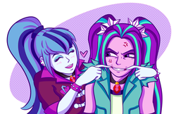 Size: 2473x1604 | Tagged: safe, artist:black-claudia, aria blaze, sonata dusk, g4, blushing, heart, smiling, this will end in pain, this will not end well