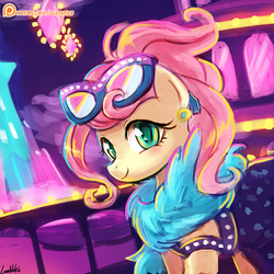 Size: 750x750 | Tagged: safe, artist:lumineko, fluttershy, pegasus, pony, g4, season 6, viva las pegasus, alternate hairstyle, beautiful, blushing, clothes, cute, disguise, female, impossibly rich, las pegasus, looking at you, mare, patreon, patreon logo, shyabetes, signature, smiling, solo, stage, sunglasses, that was fast