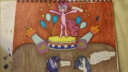 Size: 3840x2160 | Tagged: safe, artist:thimns, pinkie pie, rarity, twilight sparkle, g4, high res, newbie artist training grounds, party cannon, traditional art