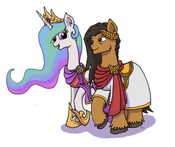 Size: 800x669 | Tagged: safe, artist:sensko, princess celestia, pony, g4, clothes, crossover, crown, duo, emprahlestia, ethereal mane, female, god-emperor of mankind, heresy, hoof shoes, jewelry, laurel wreath, long mane, male, mare, ponified, regalia, robes, shipping, simple background, stallion, warhammer (game), warhammer 40k, white background