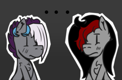 Size: 1300x853 | Tagged: safe, artist:lazerblues, oc, oc only, oc:addie, oc:miss eri, ..., black and red mane, looking at each other, simple background, two toned mane
