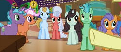 Size: 1271x549 | Tagged: safe, screencap, fast break, fat stacks, fiery fricket, final countdown, flim, frying pan (g4), opulence, silver waves, sprout greenhoof, earth pony, pegasus, pony, unicorn, g4, viva las pegasus, background pony, basketball, female, las pegasus resident, male, mare, name suggestion in the comments, shopping bag, stallion, underhoof