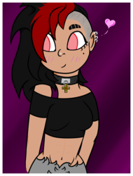 Size: 783x1030 | Tagged: safe, artist:lazerblues, oc, oc only, oc:bella, satyr, abs, blushing, choker, ear piercing, heart, offspring, parent:oc:miss eri, piercing, pubic fluff, solo