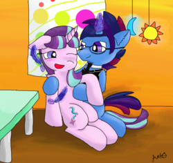 Size: 1100x1040 | Tagged: safe, artist:alexdarkcats-newhome, starlight glimmer, oc, oc:marquis majordome, pony, g4, blushing, canon x oc, cute, feather, fetish, glasses, hug, necktie, one eye closed, request, shipping, stardome, table, tickle fetish, tickling