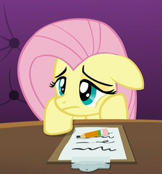 Size: 853x917 | Tagged: safe, screencap, fluttershy, pony, g4, viva las pegasus, clipboard, pencil, sad