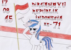 Size: 3440x2419 | Tagged: safe, artist:idlift3000, oc, oc only, oc:navona vetro, bahasa indonesia, flag, high res, independence day, indonesia, indonesian, indonesian independence day, newbie artist training grounds, rainbow dash salutes, salute, solo, traditional art