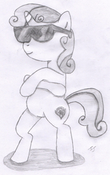Size: 1688x2680 | Tagged: safe, artist:perplexedpegasus, sweetie belle, g4, cutie mark, female, monochrome, newbie artist training grounds, pencil drawing, solo, sunglasses, the cmc's cutie marks, traditional art