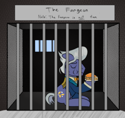 Size: 1000x944 | Tagged: safe, artist:mightyshockwave, gladmane, earth pony, pony, g4, viva las pegasus, cage, clothes, deep fried peanut butter and banana sandwich, dungeon, eating, food, jail, male, prison, sad, sandwich, solo, stallion, tuxedo