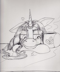 Size: 1672x2032 | Tagged: safe, artist:scribblepwn3, oc, oc only, oc:midnight scribbler, pony, unicorn, coffee, heart, horn, horn ring, long mane, monochrome, pen drawing, slouching, solo, tired, traditional art