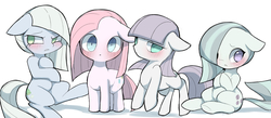 Size: 2195x960 | Tagged: safe, artist:ccc, limestone pie, marble pie, maud pie, pinkie pie, earth pony, pony, g4, blushing, female, filly, filly limestone pie, filly marble pie, filly maud pie, filly pinkie pie, hair over one eye, looking at you, looking away, mare, pie sisters, pinkamena diane pie, simple background, sisters, sitting, white background, younger