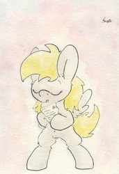 Size: 683x998 | Tagged: safe, artist:slightlyshade, derpy hooves, pegasus, pony, g4, the fault in our cutie marks, belly button, eyes closed, female, letter, mare, solo, traditional art