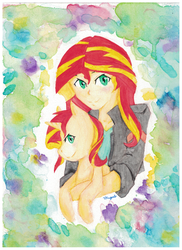 Size: 1700x2338 | Tagged: safe, artist:vnagato, sunset shimmer, pony, unicorn, equestria girls, g4, painting, self paradox, traditional art
