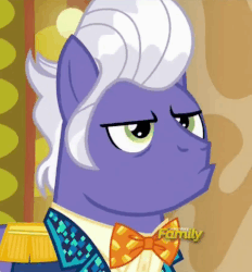 Size: 478x516 | Tagged: safe, screencap, gladmane, earth pony, pony, g4, viva las pegasus, animated, bowtie, clothes, cropped, epaulettes, gif, glare, gritted teeth, loop, male, snorting, stallion, tuxedo