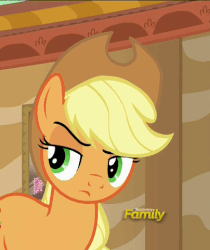 Size: 404x482 | Tagged: safe, screencap, applejack, earth pony, pony, g4, viva las pegasus, female, gif, mare, non-animated gif, raised eyebrow, reaction image, solo, unamused