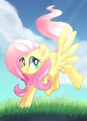 Size: 1500x2100 | Tagged: safe, artist:drawntildawn, fluttershy, g4, crepuscular rays, female, flying, grass, looking at you, raised hoof, smiling, solo, spread wings, watermark, wings