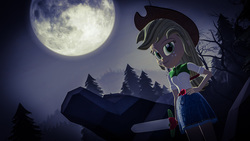 Size: 1920x1080 | Tagged: safe, artist:razethebeast, applejack, equestria girls, g4, 3d, button-up shirt, clothes, cowboy hat, cute, denim skirt, female, freckles, full moon, hand on hip, hat, jackabetes, night sky, ponytail, shirt, skirt, smiling, solo, source filmmaker, stetson, sword, teenager, wallpaper