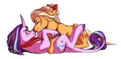 Size: 1500x730 | Tagged: dead source, safe, artist:celeriven, applejack, starlight glimmer, classical unicorn, pony, g4, blushing, cloven hooves, curved horn, female, horn, leonine tail, lesbian, mare, nuzzling, ship:glimmerjack, shipping, unshorn fetlocks