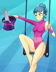 Size: 1500x1920 | Tagged: safe, artist:jonfawkes, bernard rabbit, trapeze star, human, rabbit, g4, viva las pegasus, armpits, belly button, breasts, bunny out of the hat, busty trapeze star, cleavage, eyeshadow, female, hat, humanized, leotard, magic trick, makeup, raised leg, see-through, smiling, solo, thunder thighs, top hat