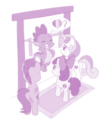 Size: 1005x1200 | Tagged: safe, artist:dstears, apple bloom, scootaloo, spike, sweetie belle, g4, the fault in our cutie marks, cutie mark, cutie mark crusaders, doorway, monochrome, rug, the cmc's cutie marks
