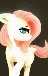 Size: 504x792 | Tagged: safe, artist:minckies, fluttershy, pegasus, pony, g4, black background, bright, female, floppy ears, folded wings, lidded eyes, looking at you, mare, simple background, smiling, solo, turned head, wings