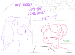 Size: 881x650 | Tagged: safe, artist:shoutingisfun, carrot bun, oc, g4, viva las pegasus, >tfw, carrot bun is not amused, dialogue, duo, lidded eyes, monochrome, unamused