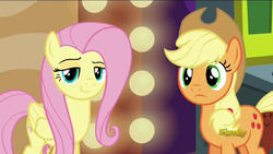 Size: 1920x1080 | Tagged: safe, screencap, applejack, fluttershy, pony, g4, viva las pegasus, raised eyebrow, smug, smugshy