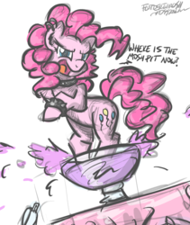 Size: 2106x2501 | Tagged: safe, artist:flutterthrash, pinkie pie, g4, bipedal, bracelet, choker, dialogue, high res, jewelry, newbie artist training grounds, punch (drink), punch bowl, solo, spiked choker, spiked wristband