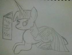 Size: 1651x1266 | Tagged: safe, artist:meerkatminer, twilight sparkle, alicorn, pony, g4, book, female, monochrome, newbie artist training grounds, solo, traditional art, twilight sparkle (alicorn)