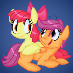 Size: 500x500 | Tagged: safe, artist:rivalcat, apple bloom, scootaloo, pony, g4, adorabloom, blank flank, crossed arms, crossed hooves, cute, cutealoo, female, filly, folded wings, happy, lesbian, looking back, looking up, open mouth, ship:scootabloom, shipping, sitting, smiling