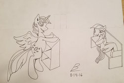 Size: 400x267 | Tagged: safe, artist:discerningdragon, rainbow dash, twilight sparkle, alicorn, pony, g4, monochrome, newbie artist training grounds, traditional art, twilight sparkle (alicorn)