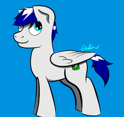 Size: 3174x3000 | Tagged: safe, artist:ninjalink07, oc, oc only, oc:voltage, pegasus, pony, blue background, high res, looking back, male, newbie artist training grounds, pegasus oc, simple background, solo